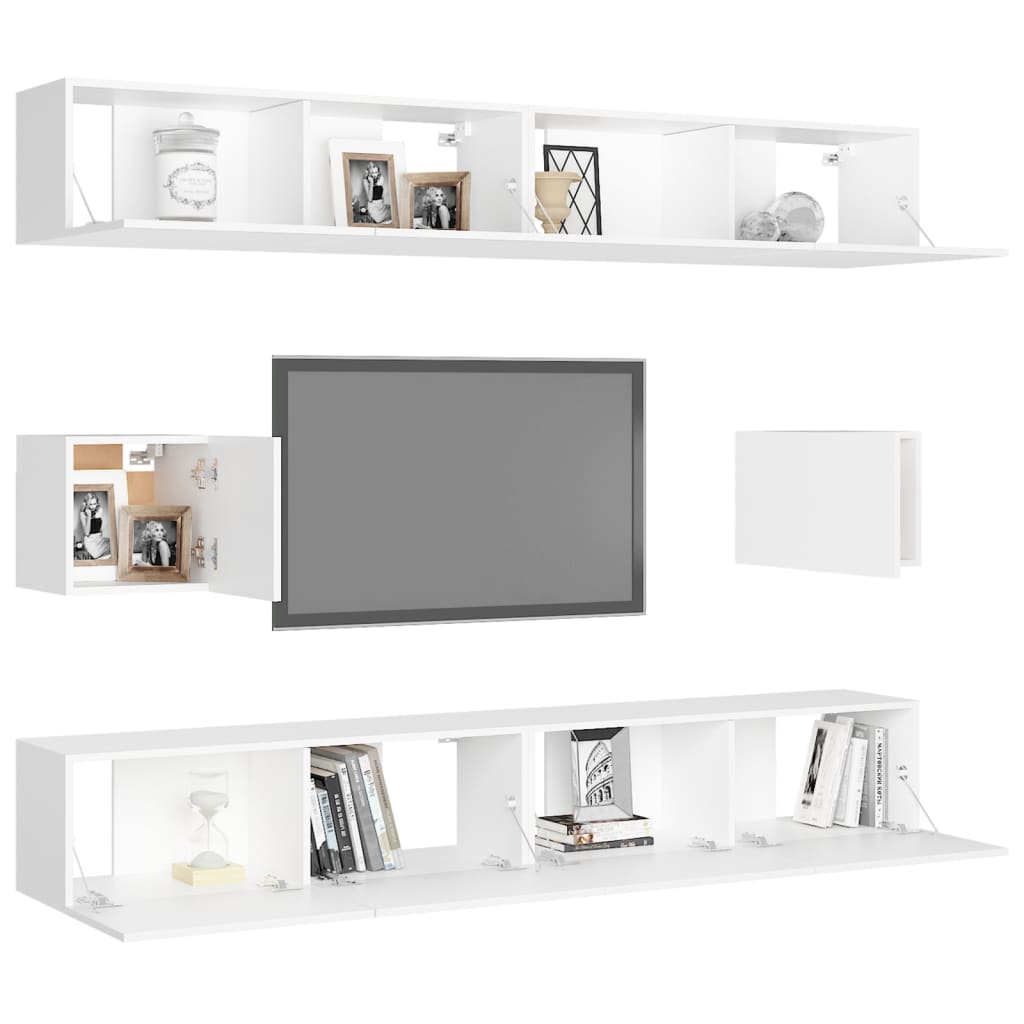 6 pc White TV Stand Furniture Set in Multilayer Wood