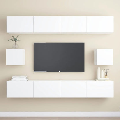 6 pc White TV Stand Furniture Set in Multilayer Wood