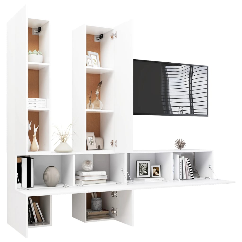 6 pc White TV Stand Furniture Set in Multilayer Wood