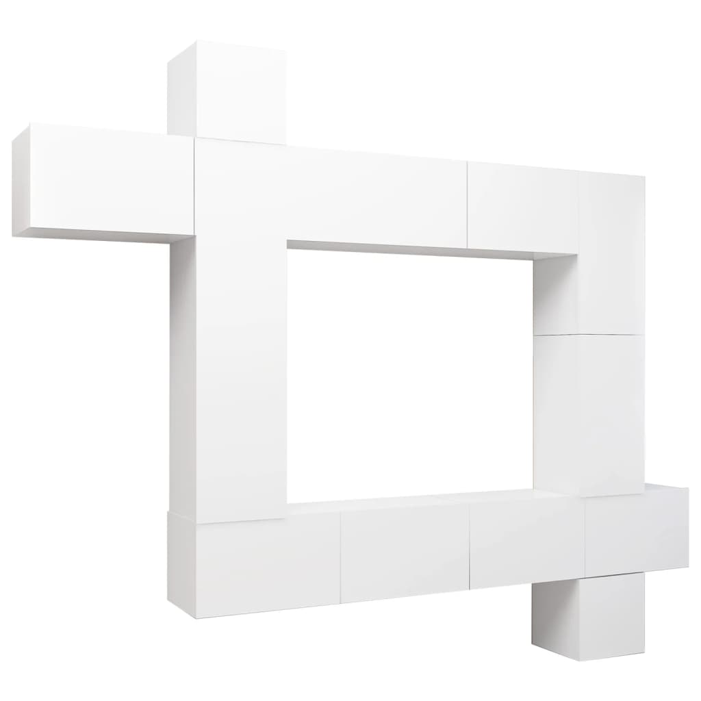 9 pc White TV Stand Furniture Set in Multilayer Wood