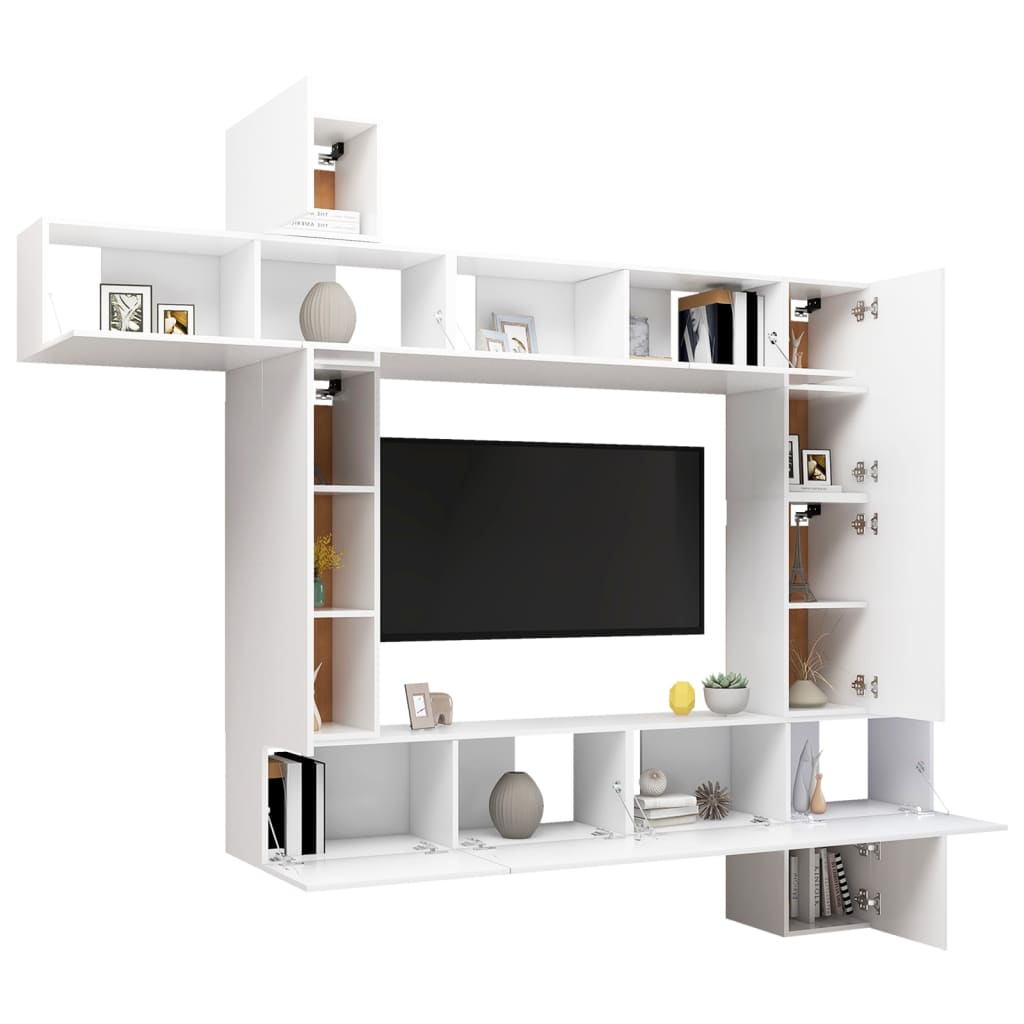 9 pc White TV Stand Furniture Set in Multilayer Wood