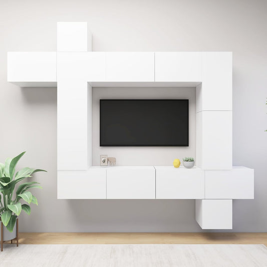 9 pc White TV Stand Furniture Set in Multilayer Wood