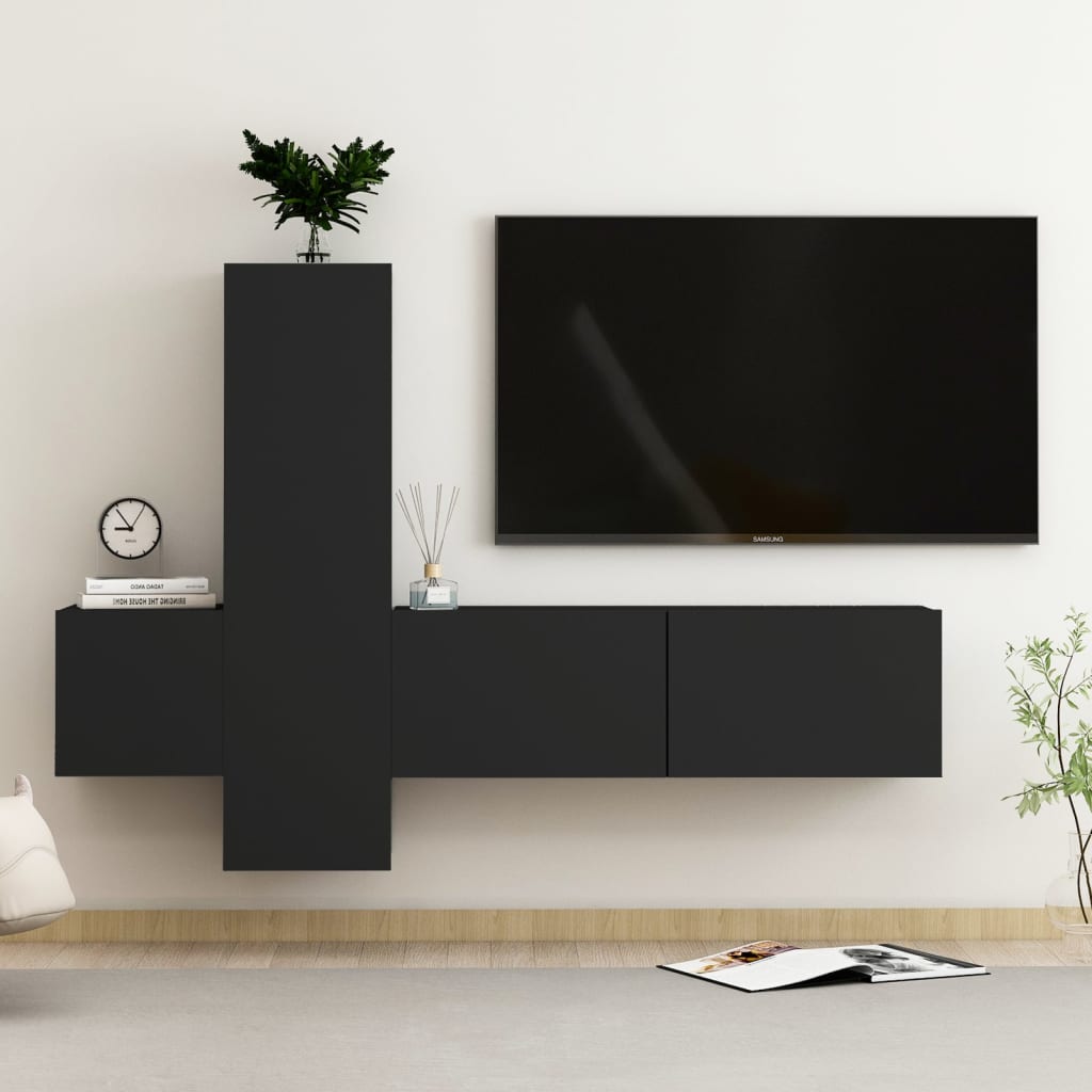 3-piece Black TV Stand Furniture Set in Multilayer Wood