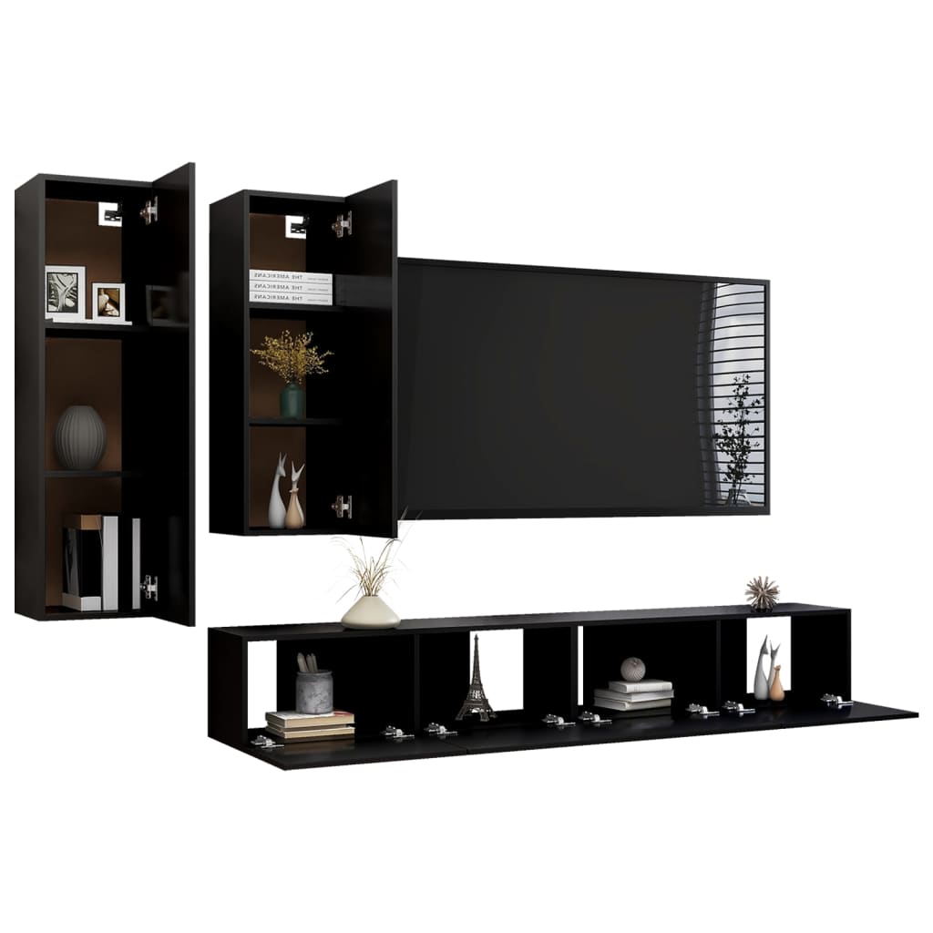 4-piece Black TV Stand Furniture Set in Multilayer Wood