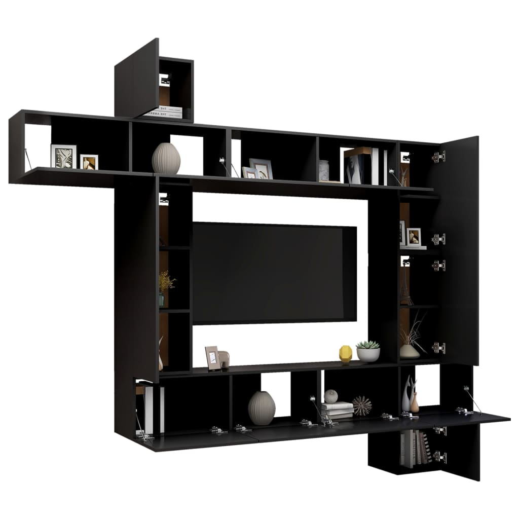 9 pc Black TV Stand Furniture Set in Multilayer Wood