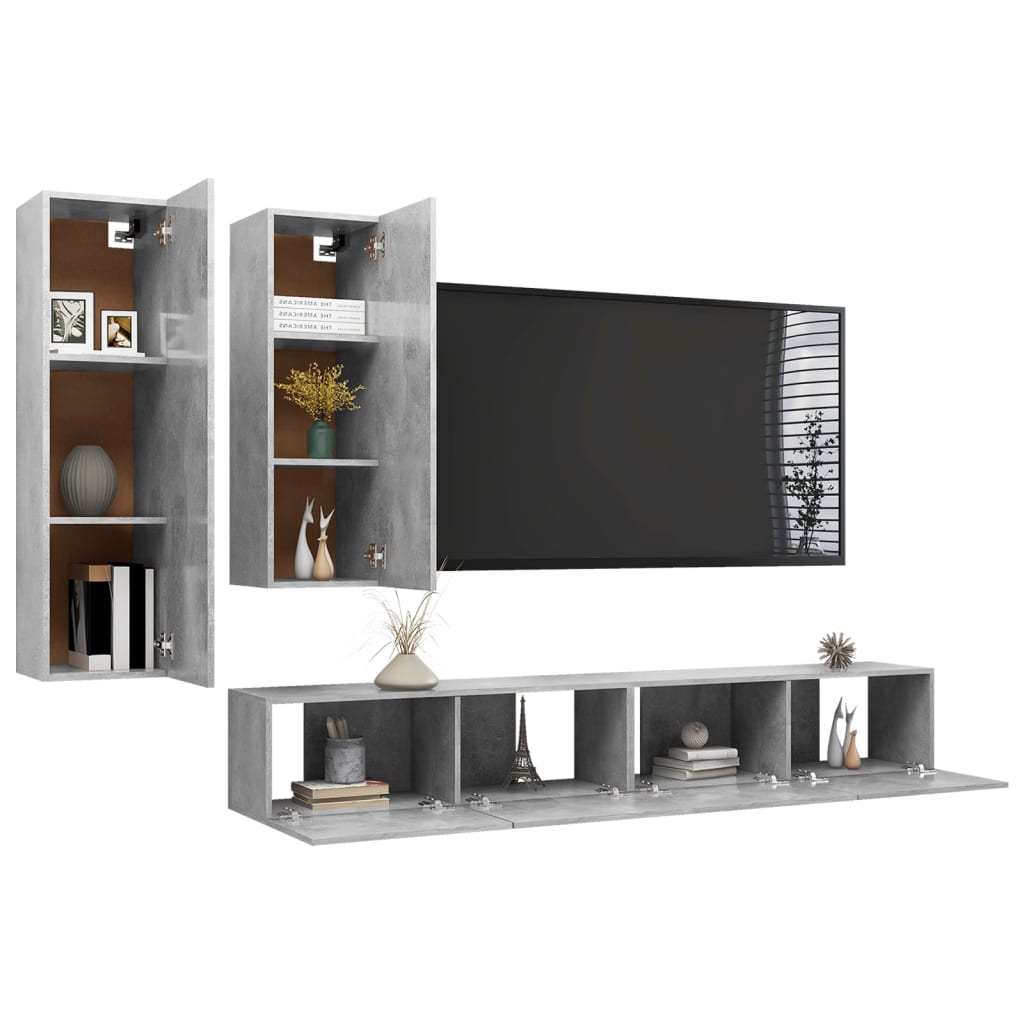 Set di Mobili Porta TV 4 pz Grigio Cemento in Legno Multistrato