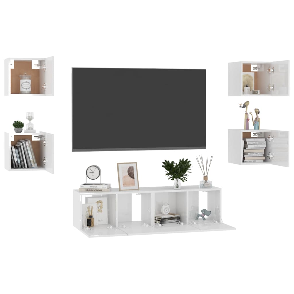 Set di Mobili Porta TV 6 pz Bianco Lucido in Legno Multistrato