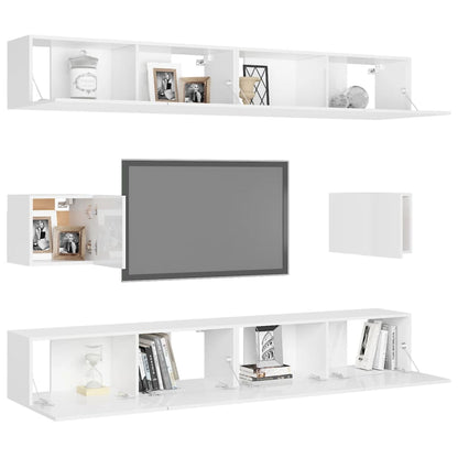 6 pc TV Stand Furniture Set in Gloss White in Multilayer Wood