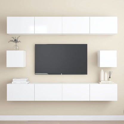 6 pc TV Stand Furniture Set in Gloss White in Multilayer Wood