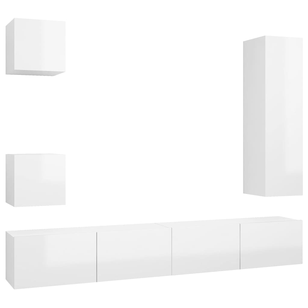 5 pc TV Stand Furniture Set in Gloss White in Multilayer Wood