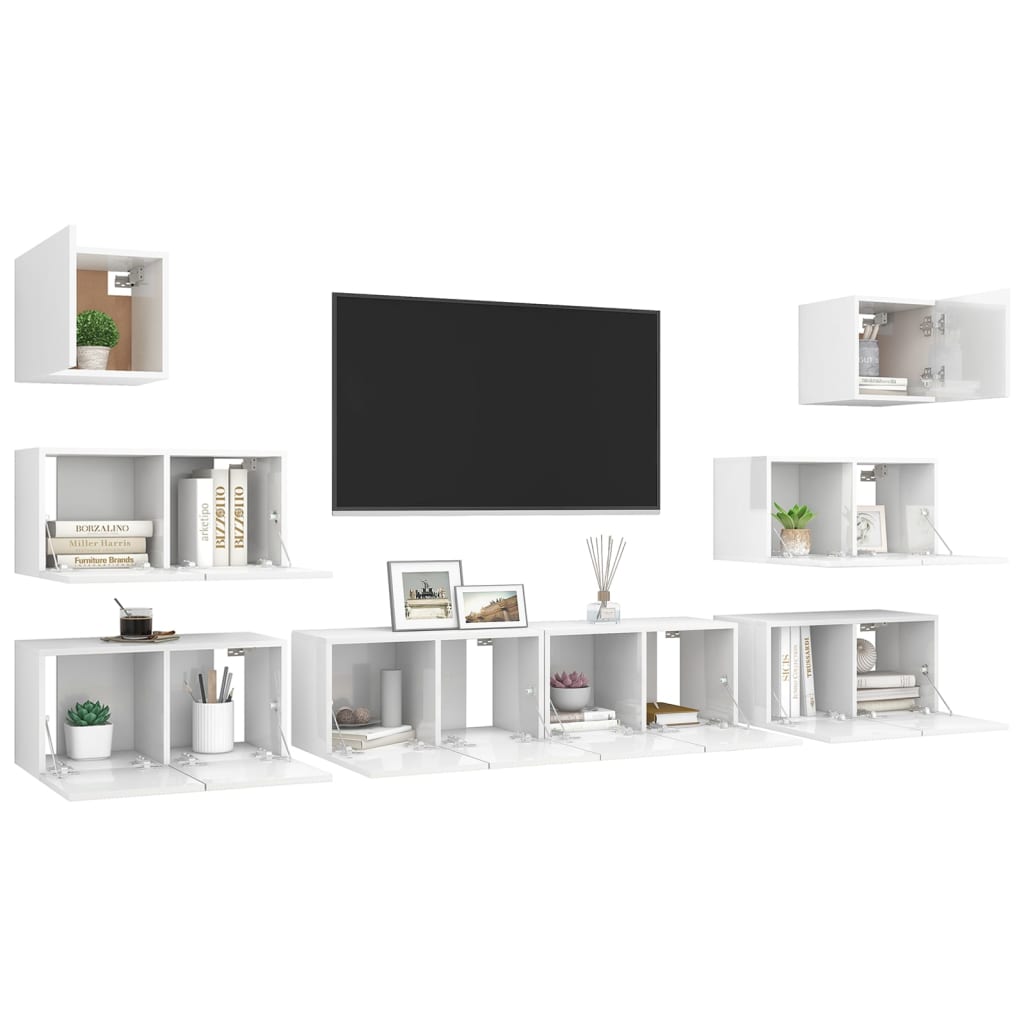 8 pc TV Stand Furniture Set in Gloss White in Multilayer Wood