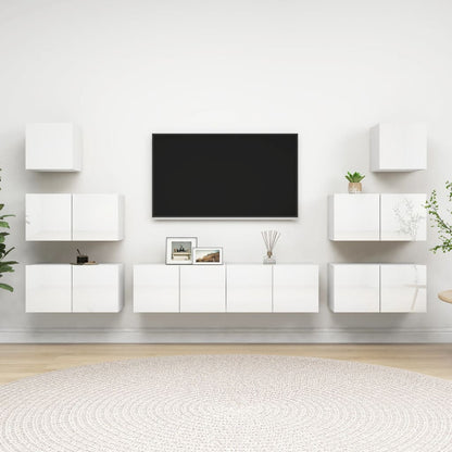 8 pc TV Stand Furniture Set in Gloss White in Multilayer Wood