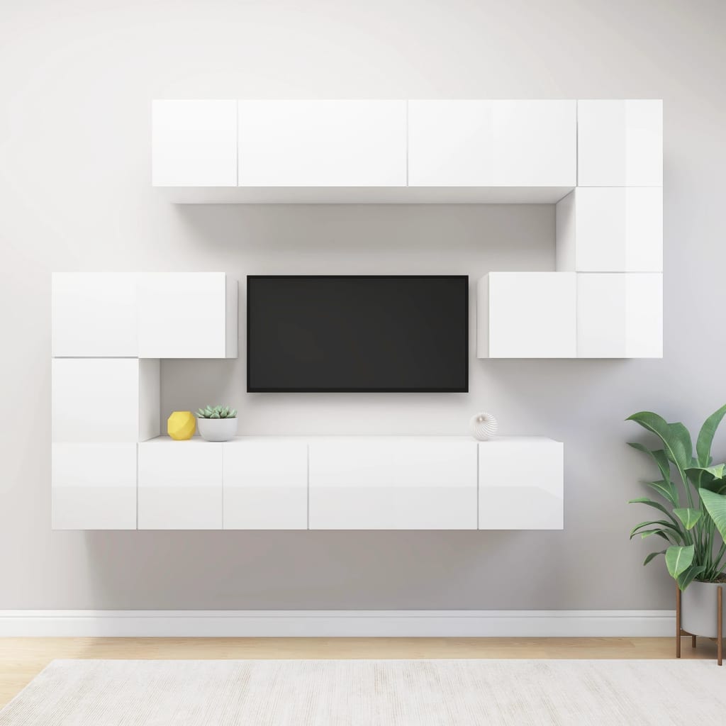 TV Stand Furniture Set 10 pcs Gloss White in Multilayer Wood