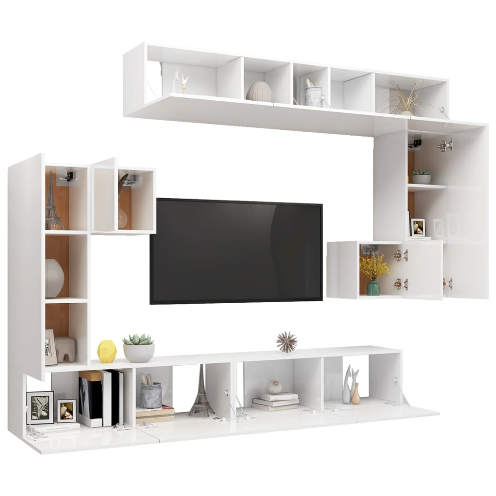 Gloss White 8-piece TV Stand Furniture Set in Multilayer Wood