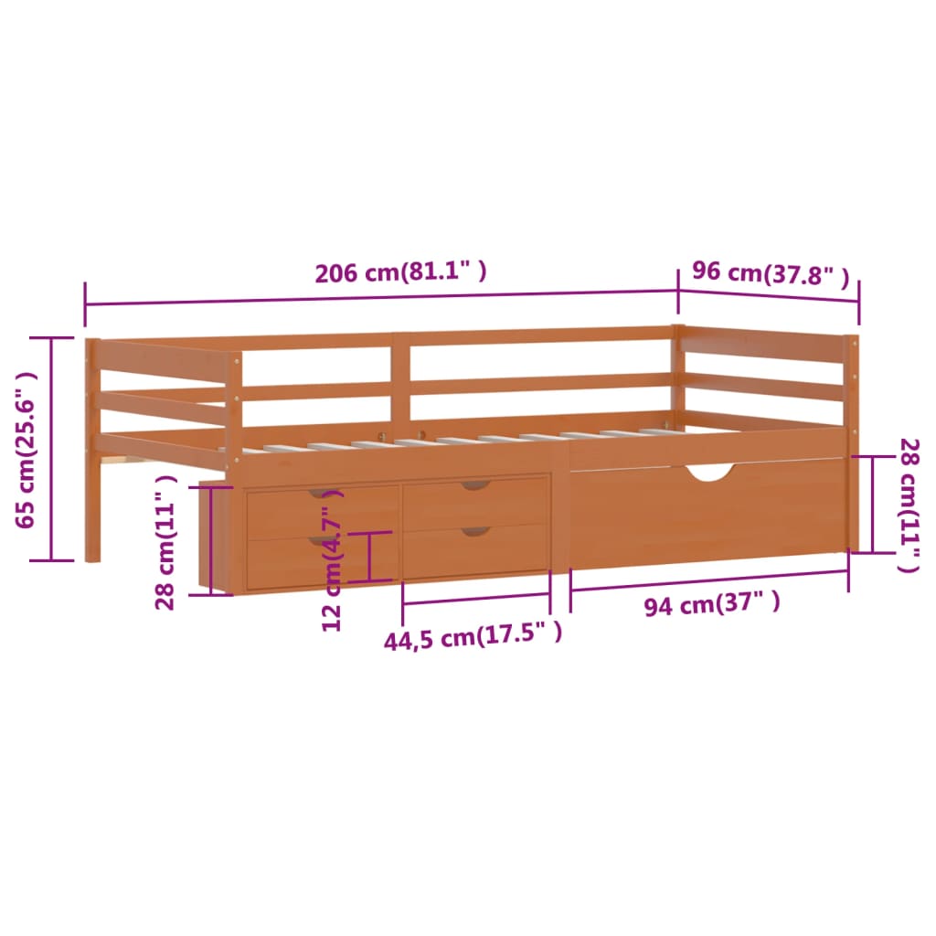 Giroletto con Cassetti Grigio Scuro in Legno di Pino 90x200 cm | homemem39