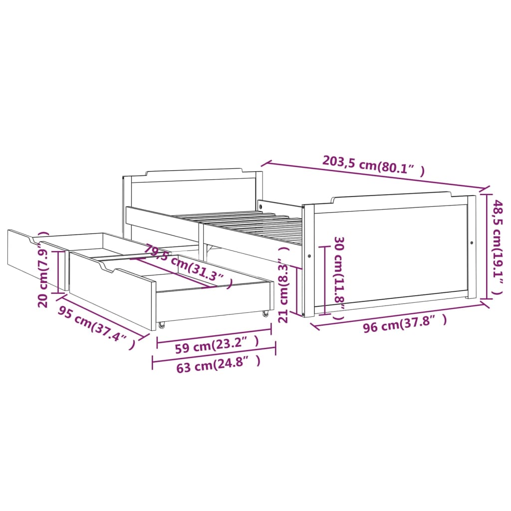 Giroletto Cassetti Marrone Scuro Legno Massello Pino 90x200 cm | homemem39
