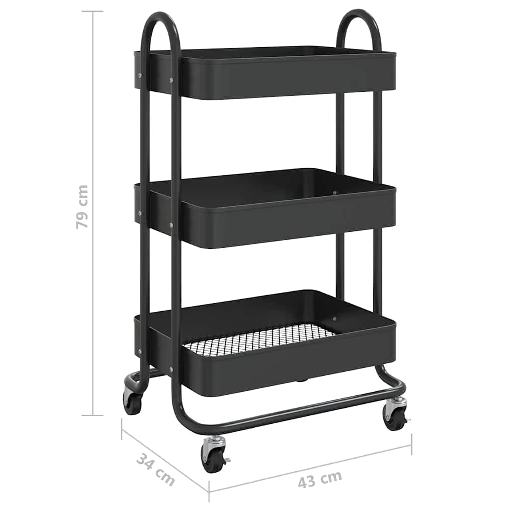Carrello a 3 Livelli Nero 43x34x79 cm in Acciaio