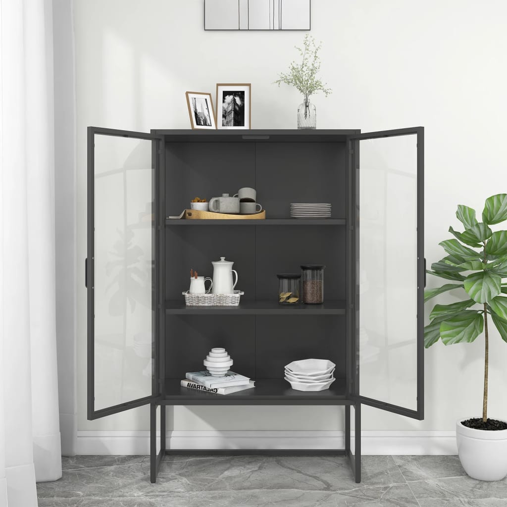 Credenza Alta Antracite 80x35x135 cm Acciaio e Vetro Temperato | homemem39