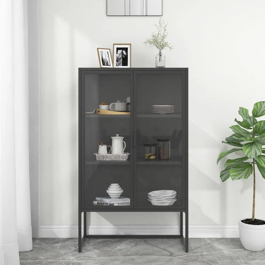 Credenza Alta Antracite 80x35x135 cm Acciaio e Vetro Temperato | homemem39