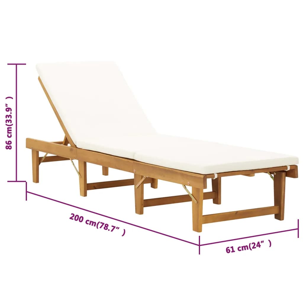 Lettino Sole Pieghevole Cuscino Massello Acacia Bianco Crema