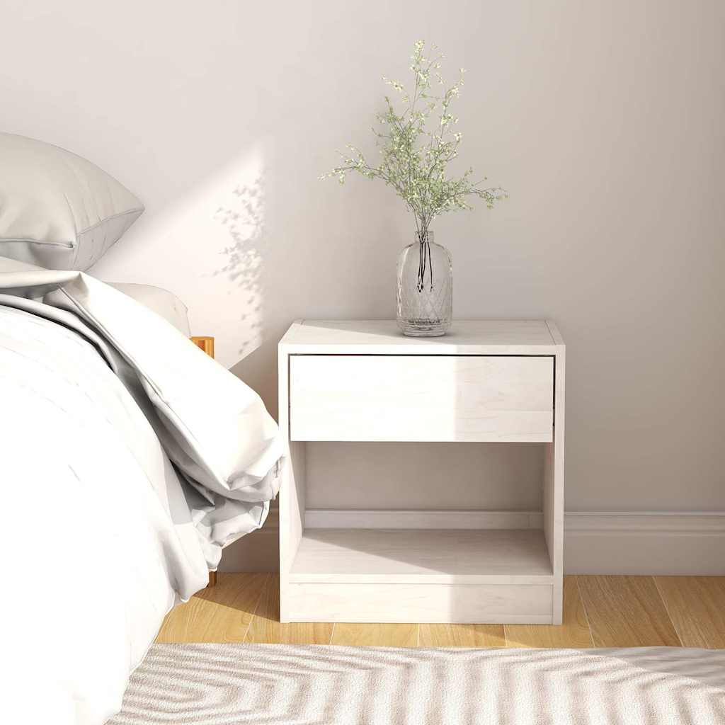 Comodino Bianco 40x31x40 cm in Legno Massello di Pino