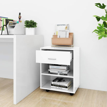 Mobiletto con Ruote Bianco Lucido 46x36x59 cm Legno Multistrato