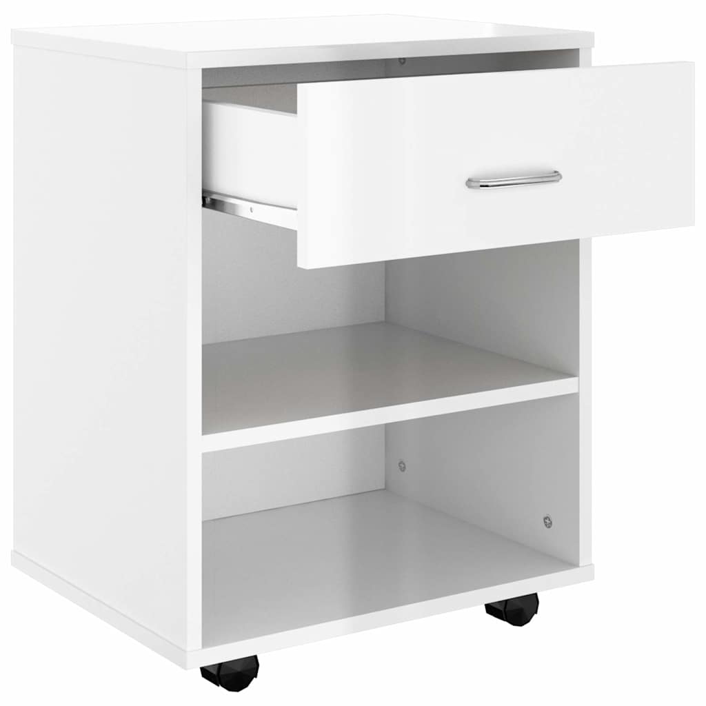 Mobiletto con Ruote Bianco Lucido 46x36x59 cm Legno Multistrato
