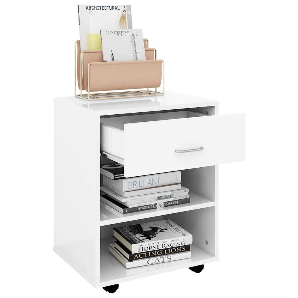 Mobiletto con Ruote Bianco Lucido 46x36x59 cm Legno Multistrato