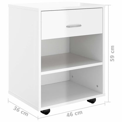 Mobiletto con Ruote Bianco Lucido 46x36x59 cm Legno Multistrato