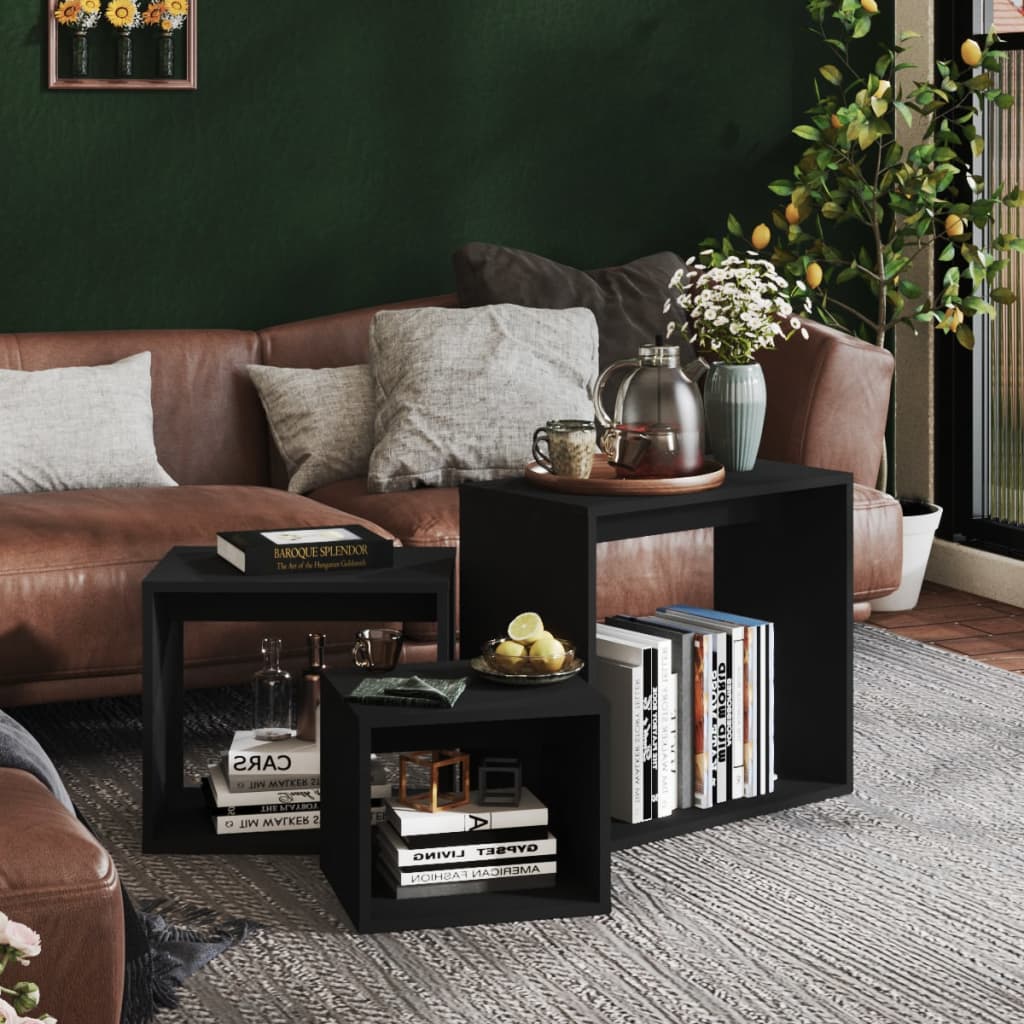 Tavolini Impilabili 3 pz Neri in Truciolato - homemem39