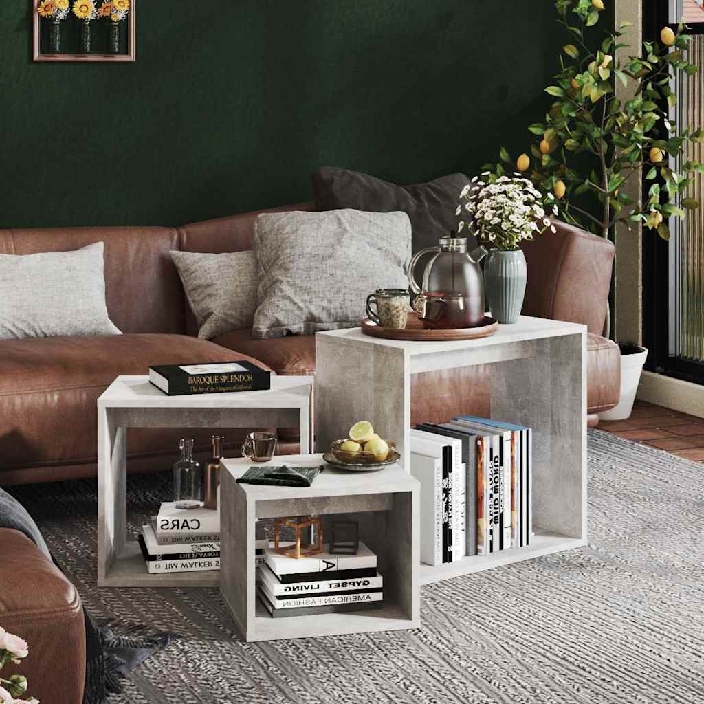 Tavolini Impilabili 3 pz Grigio Cemento in Legno Multistrato