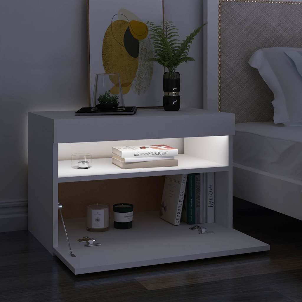 Comodino e Luci LED Bianco 60x35x40 cm in Legno Multistrato | homemem39