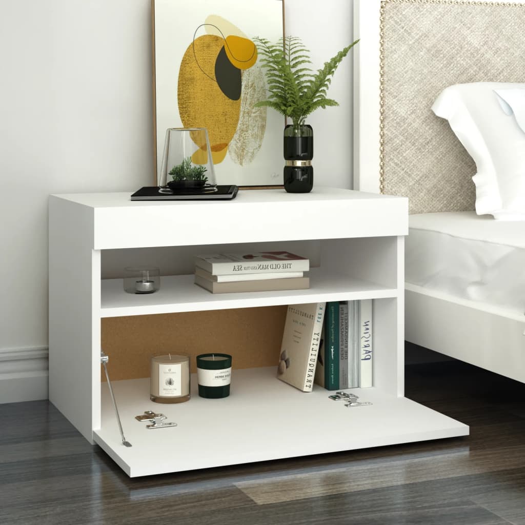 Comodino e Luci LED Bianco 60x35x40 cm in Legno Multistrato | homemem39