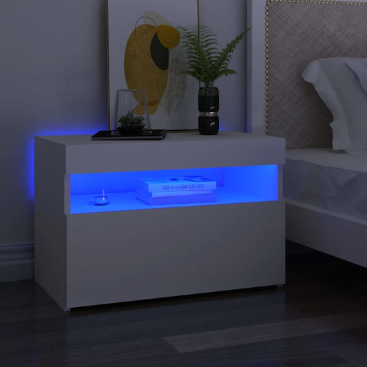 Comodino e Luci LED Bianco 60x35x40 cm in Legno Multistrato | homemem39