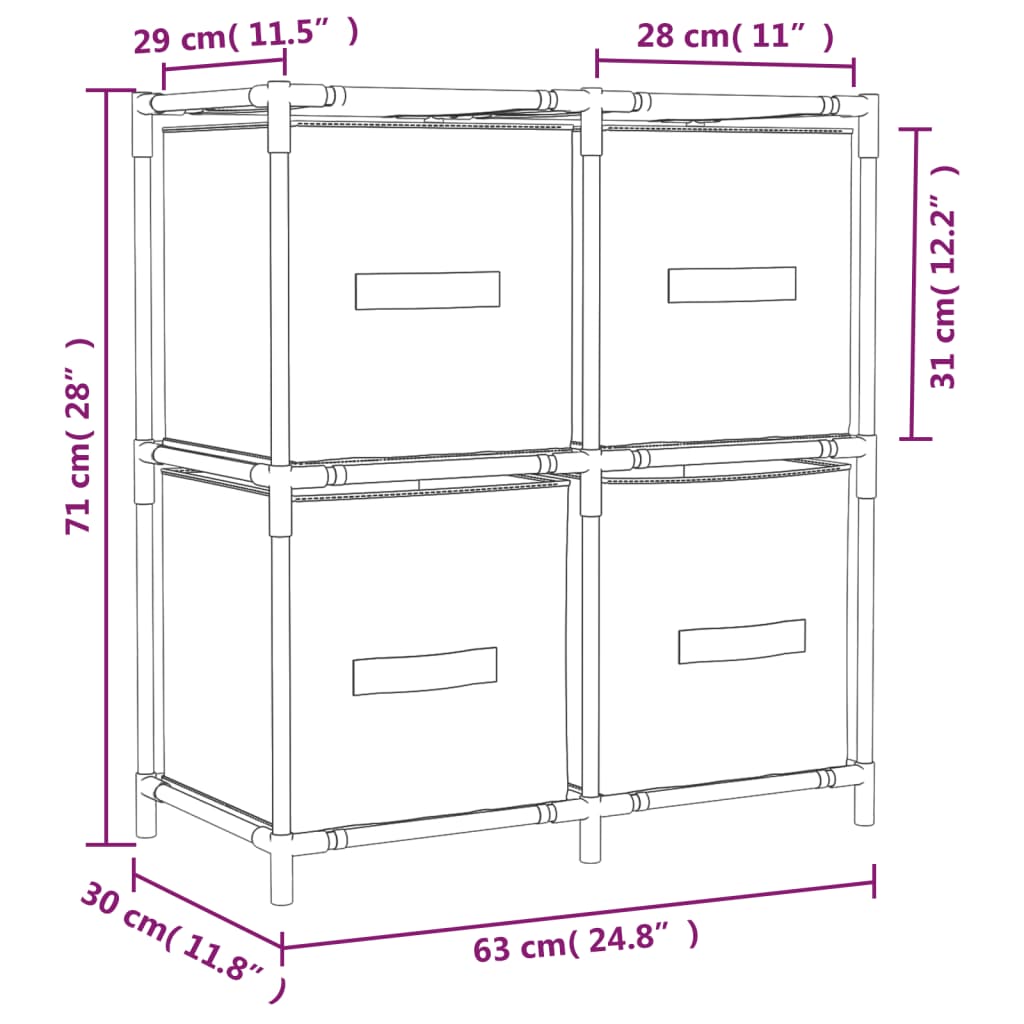 Armadietto con 4 Cesti in Tessuto Grigio 63x30x71 cm Acciaio