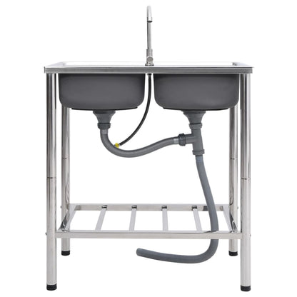 Lavello da Campeggio Vasca Doppia con Rubinetto in Acciaio Inox - homemem39