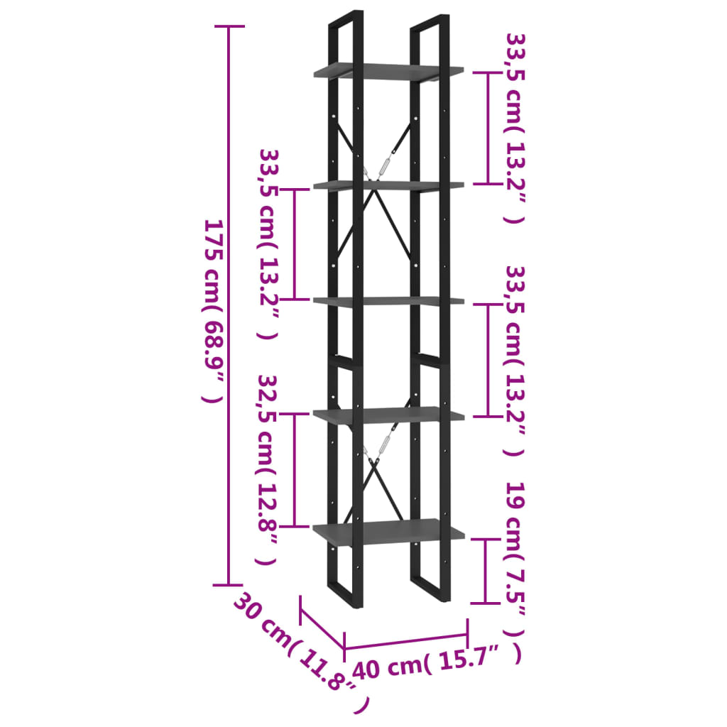 Libreria a 5 Ripiani Grigia 40x30x175 cm in Legno Multistrato | homemem39