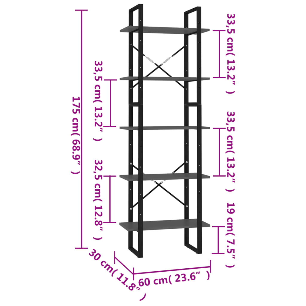 Libreria a 5 Ripiani Grigia 60x30x175 cm in Legno Multistrato | homemem39