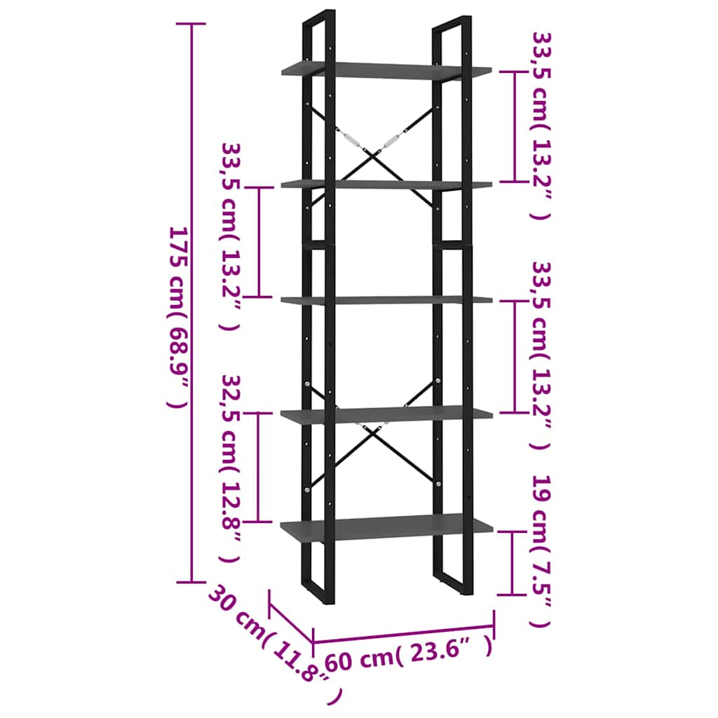 Libreria a 5 Ripiani Grigia 60x30x175 cm in Legno Multistrato