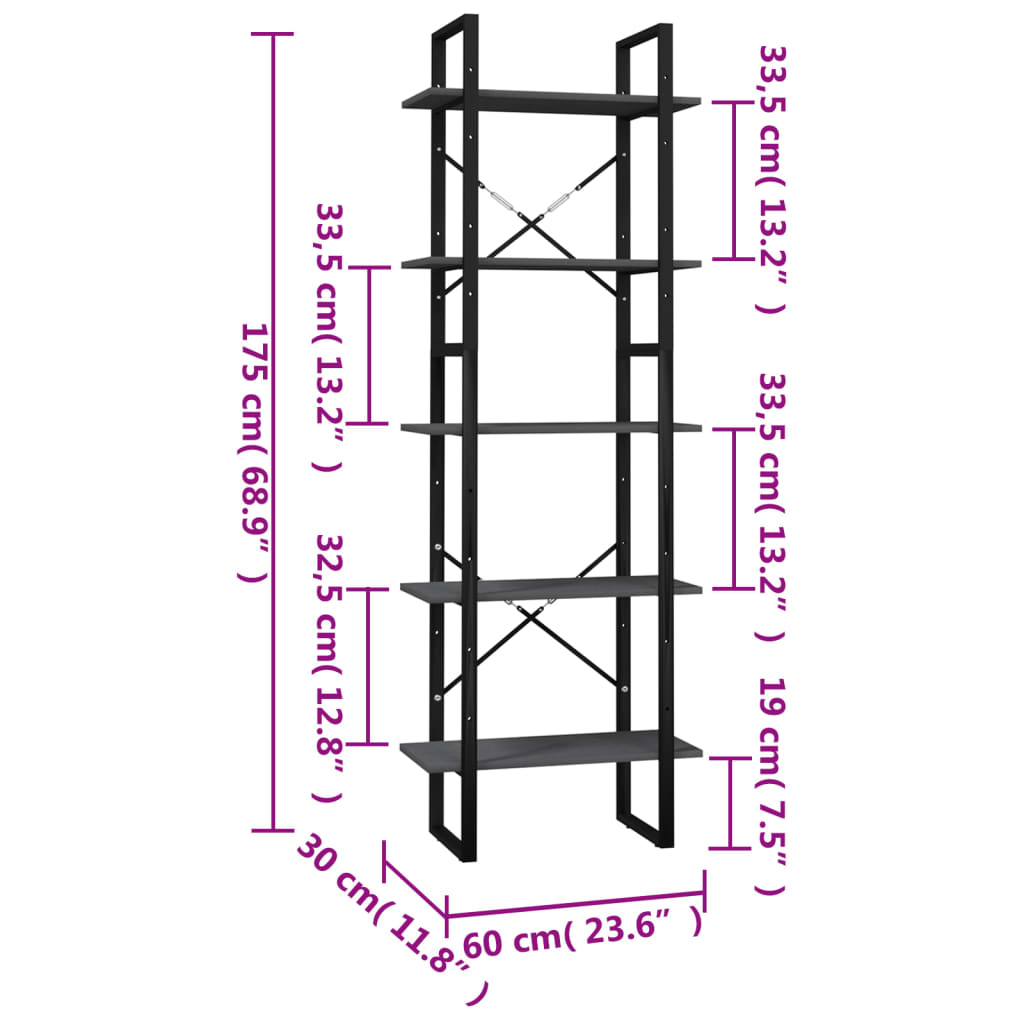 Libreria a 5 Ripiani Grigia 60x30x175 cm in Legno di Pino | homemem39