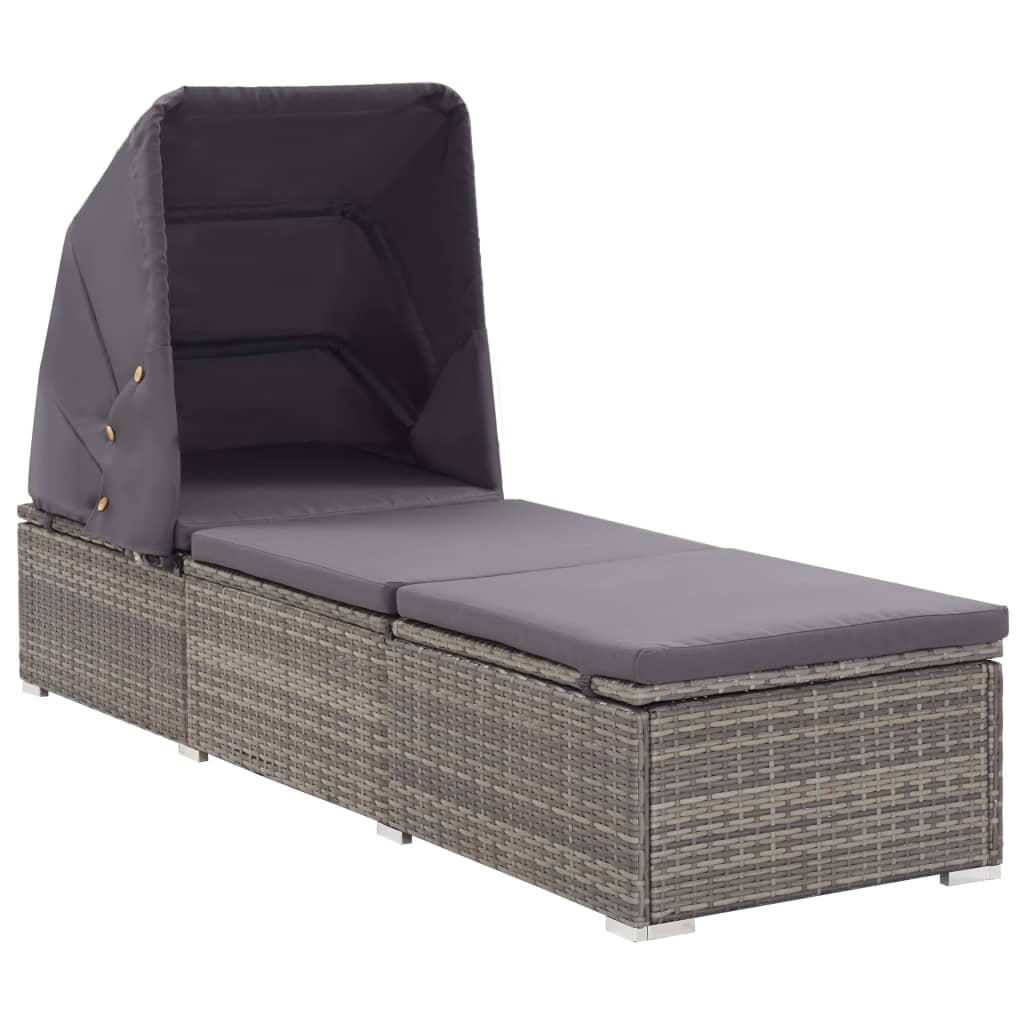 Sun lounger with canopy and cushion in gray polyrattan