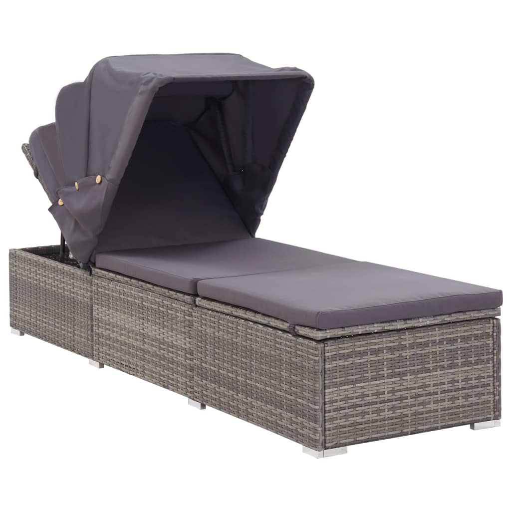 Sun lounger with canopy and cushion in gray polyrattan