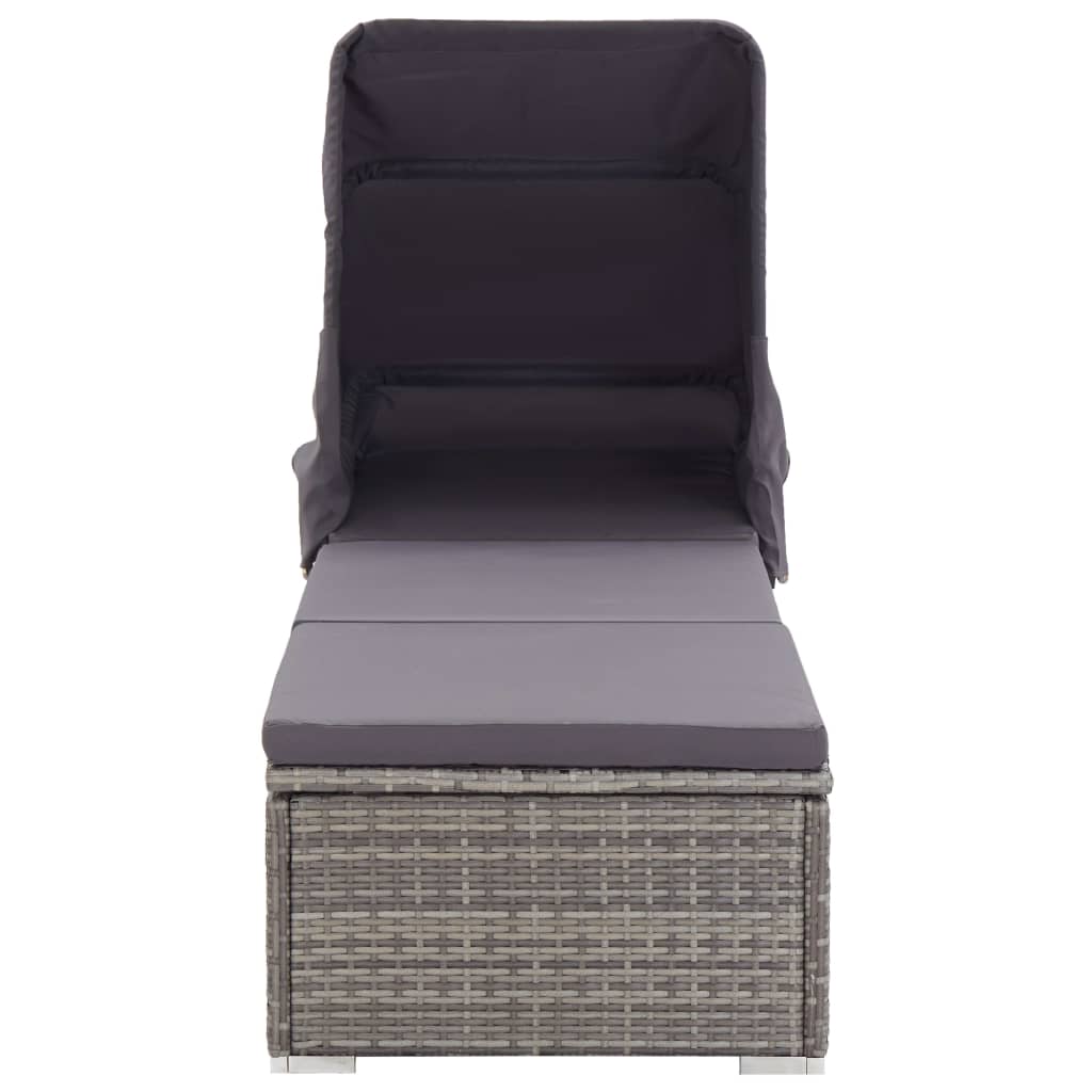 Sun lounger with canopy and cushion in gray polyrattan