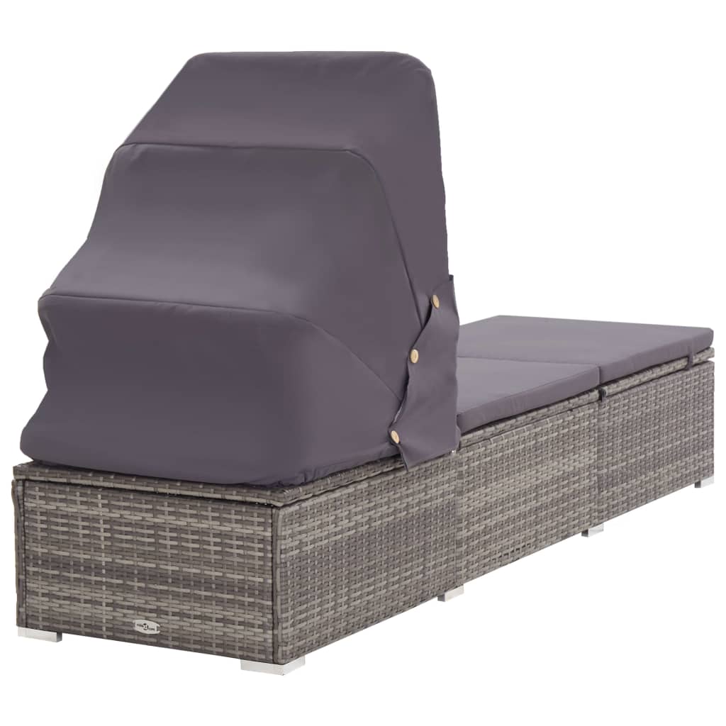 Sun lounger with canopy and cushion in gray polyrattan