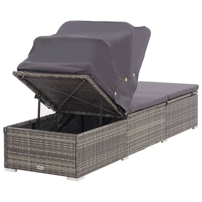 Sun lounger with canopy and cushion in gray polyrattan