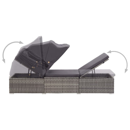 Sun lounger with canopy and cushion in gray polyrattan