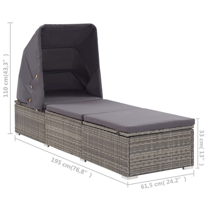 Sun lounger with canopy and cushion in gray polyrattan