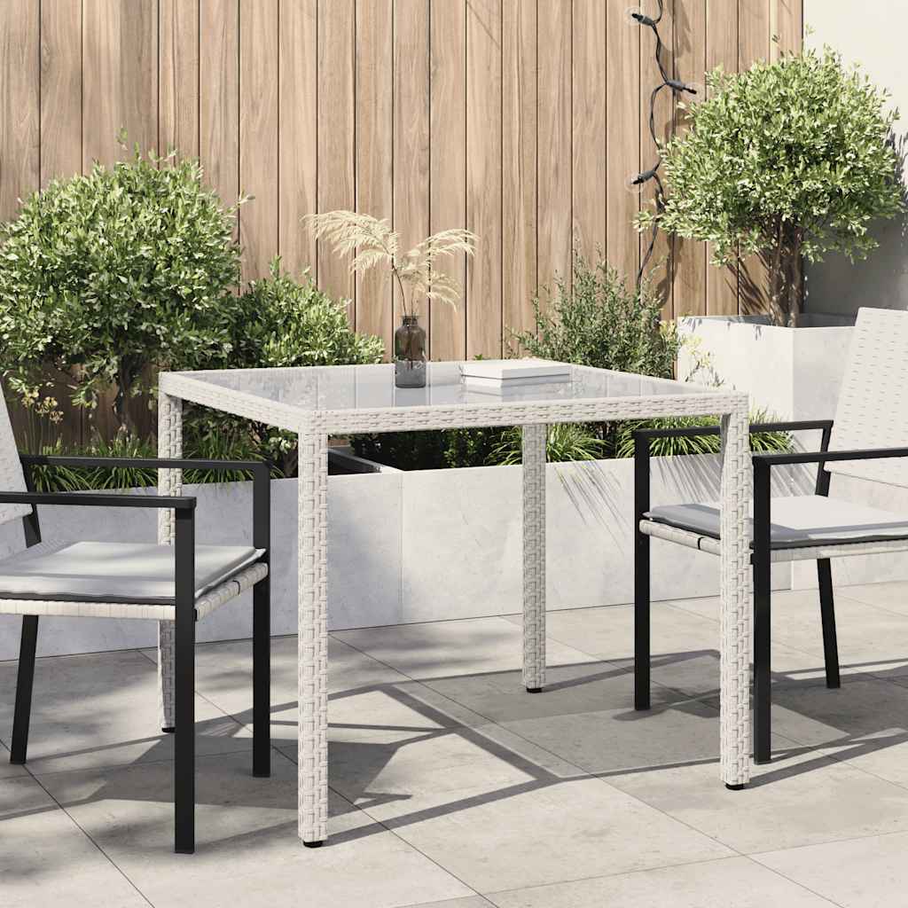 Tavolo Giardino 90x90x75 cm Vetro Temperato e Polyrattan Bianco