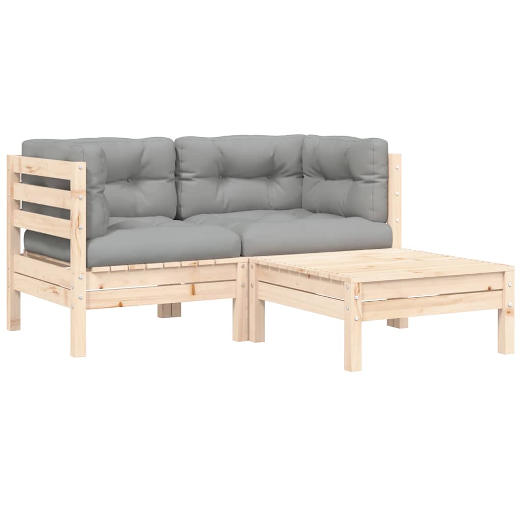 Set Divani da Giardino 3 pz con Cuscini Grigi Massello di Pino | homemem39