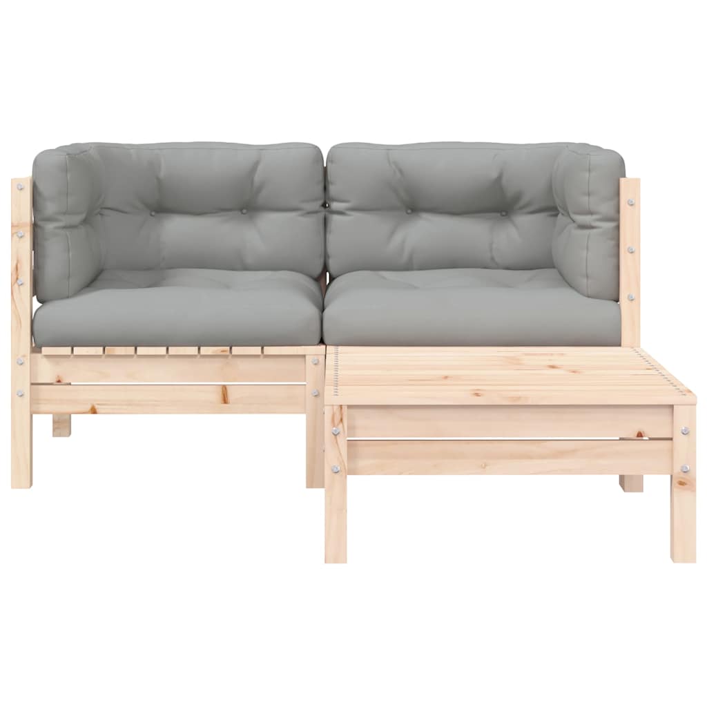 Set Divani da Giardino 3 pz con Cuscini Grigi Massello di Pino